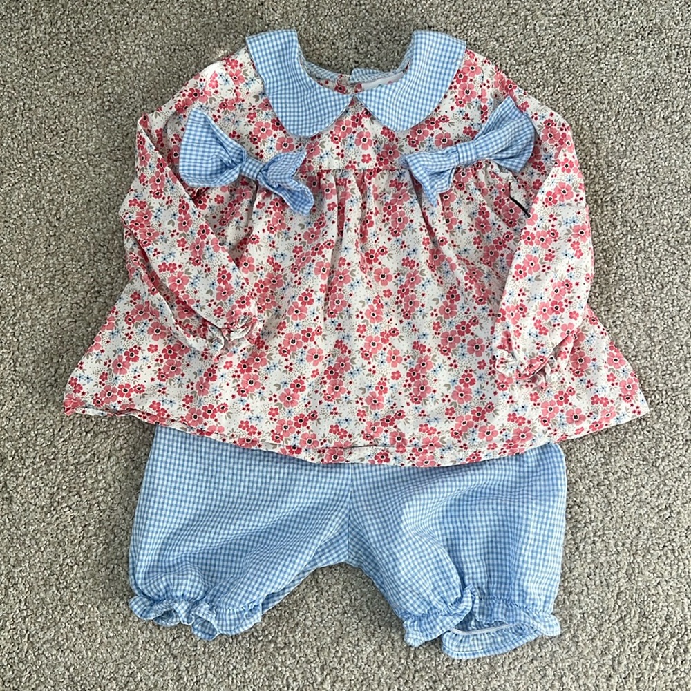 Stitchy Fish Long Sleeve Bloomer Set Floral and Blue Gingham 3T